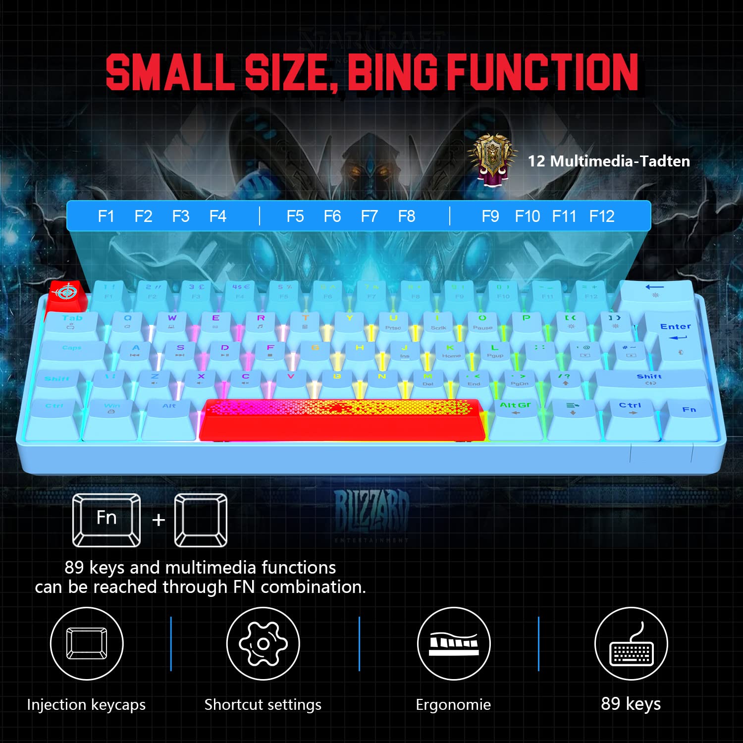 Tastiera da gioco al 60% con interruttore blu, 62 tasti compatti, 18 LED Chroma RGB retroilluminata, USB staccabile di tipo C, extra due tasti rossi tastiera meccanica (blu)