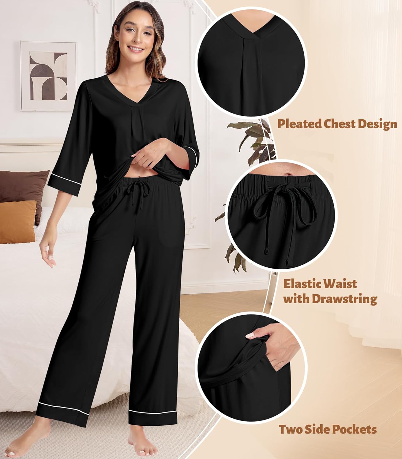NACHILA Women's Pajamas Set 3/4 Sleeves Pjs V Neck Sleepwear Soft Loungewear with Wide Leg Pants, Viscose Made from Bamboo - Image 4