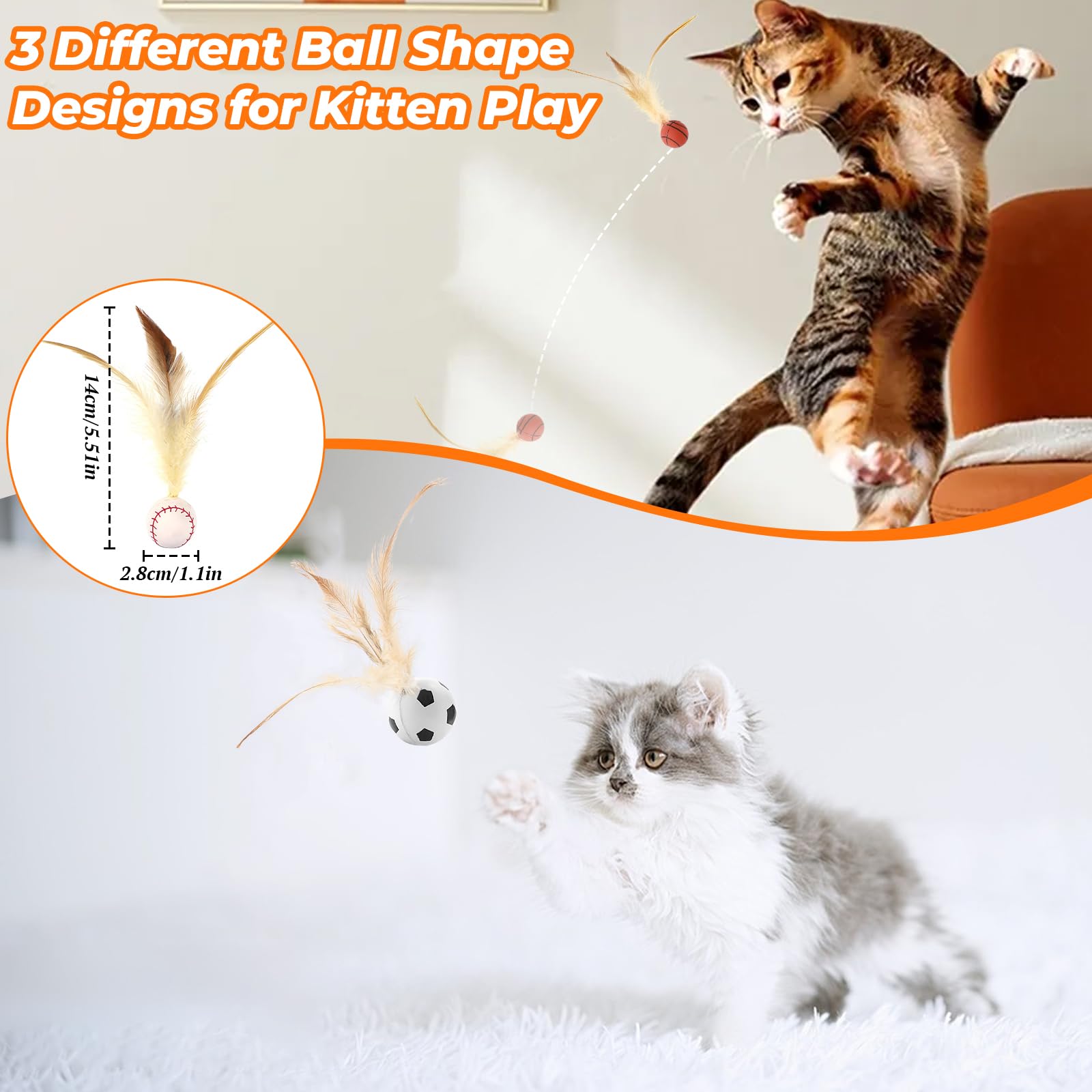 KIPTVO 3pcs Feather Ball Cat Toy, Interactive, Kitten for Indoor Cats Interactive Feather for Indoor Entertainment Bouncy - Image 2