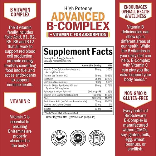Miniatura 3 de Complejo de vitamina B con vitamina C para una máxima absorción, metilcobalamina b12 y suplemento de ácido fólico folato - B1 B2 B3 B5 B6 B7 B9 para