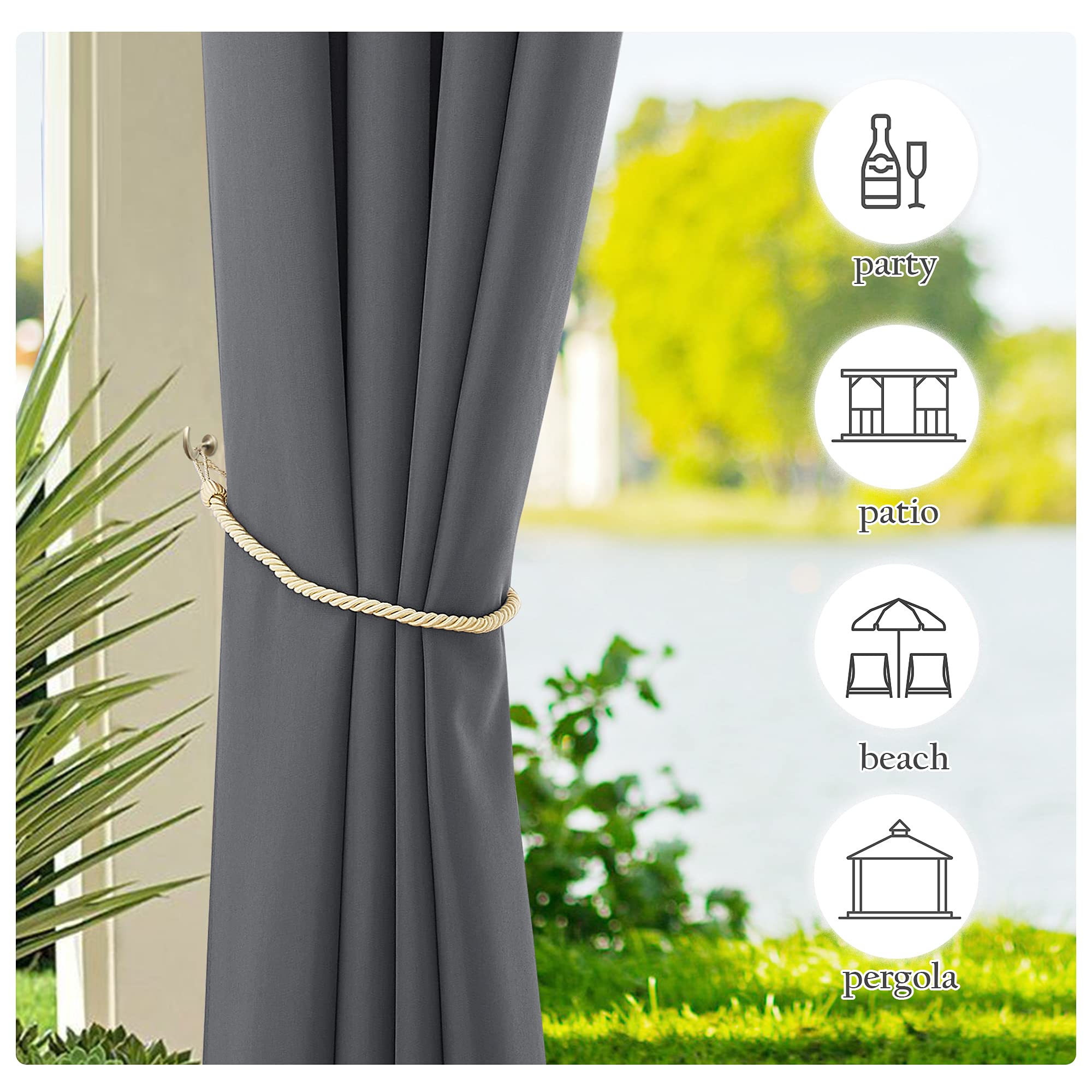 PONY DANCE Rideau pour Pergola - Lot de 2 Rideaux D'Extérieur Isolant Occultant Lumière Bloquer Imperméable Décoration Extérieur Jardin à Oeillets, L 140 x H 213 cm, Gris
