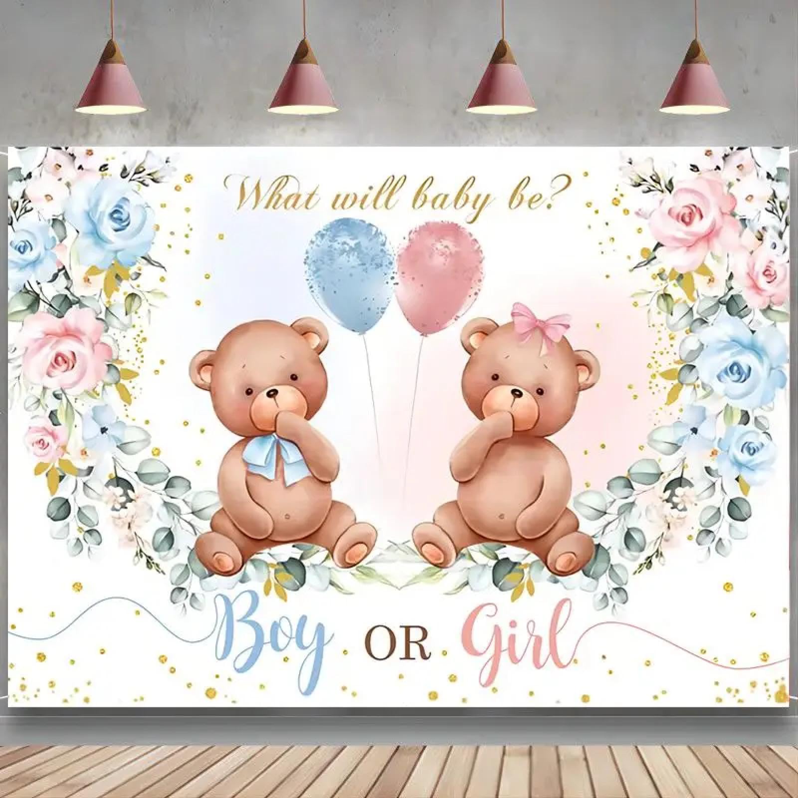 Płeć ujawnia baby shower przyjęcie tło chłopiec lub dziewczynka rumieniec różowy niebieski kwiat fotografia dekoracja balon złote konfetti 250 x 180 cm