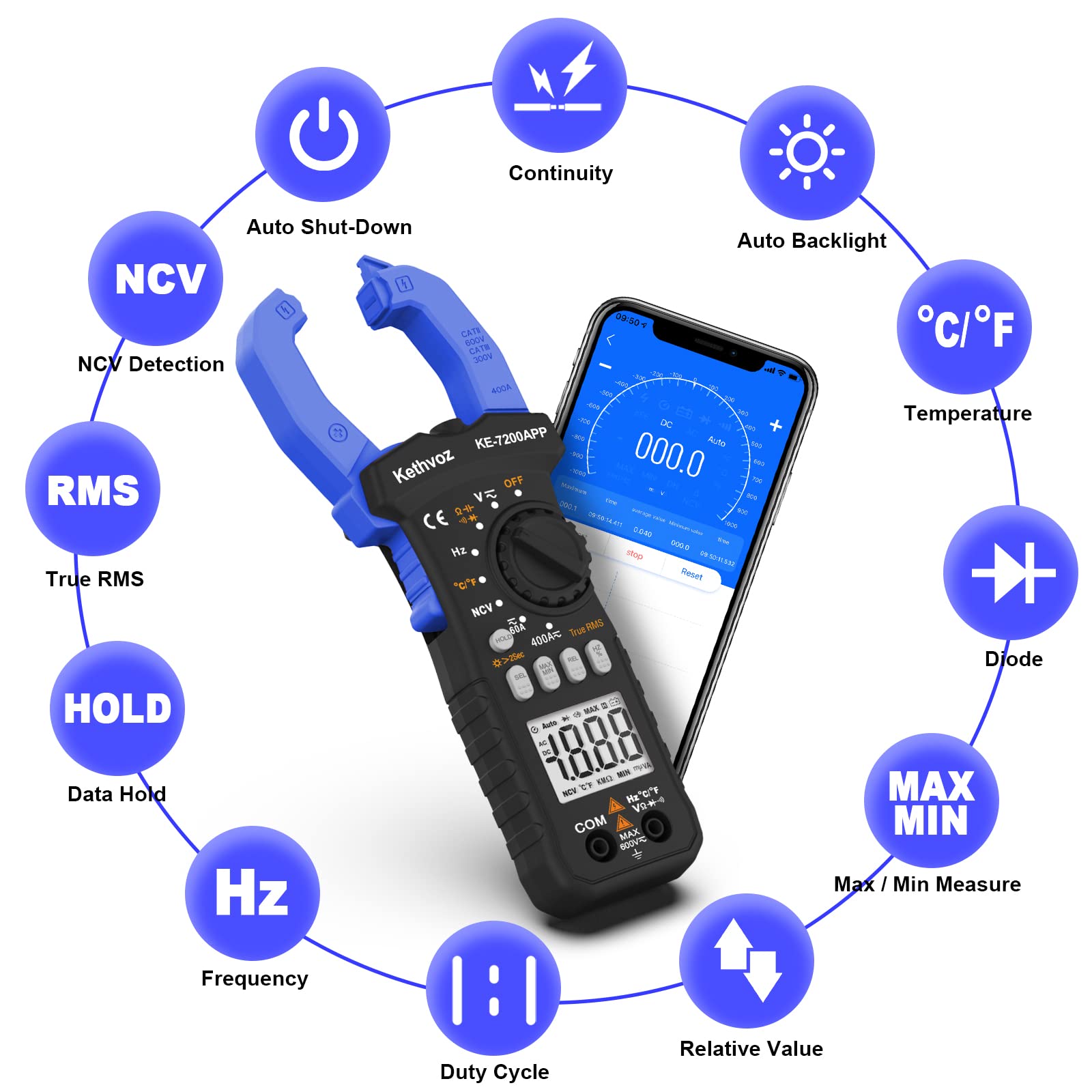 Digitale Pinza Amperometrica 400A CC/CA, Kethvoz Bluetooth Multimetro Professionale Misura AC/DC Elettrica Corrente Tensione Resistenza Capacità, 6000 Conteggi Amperometro KE-7200APP