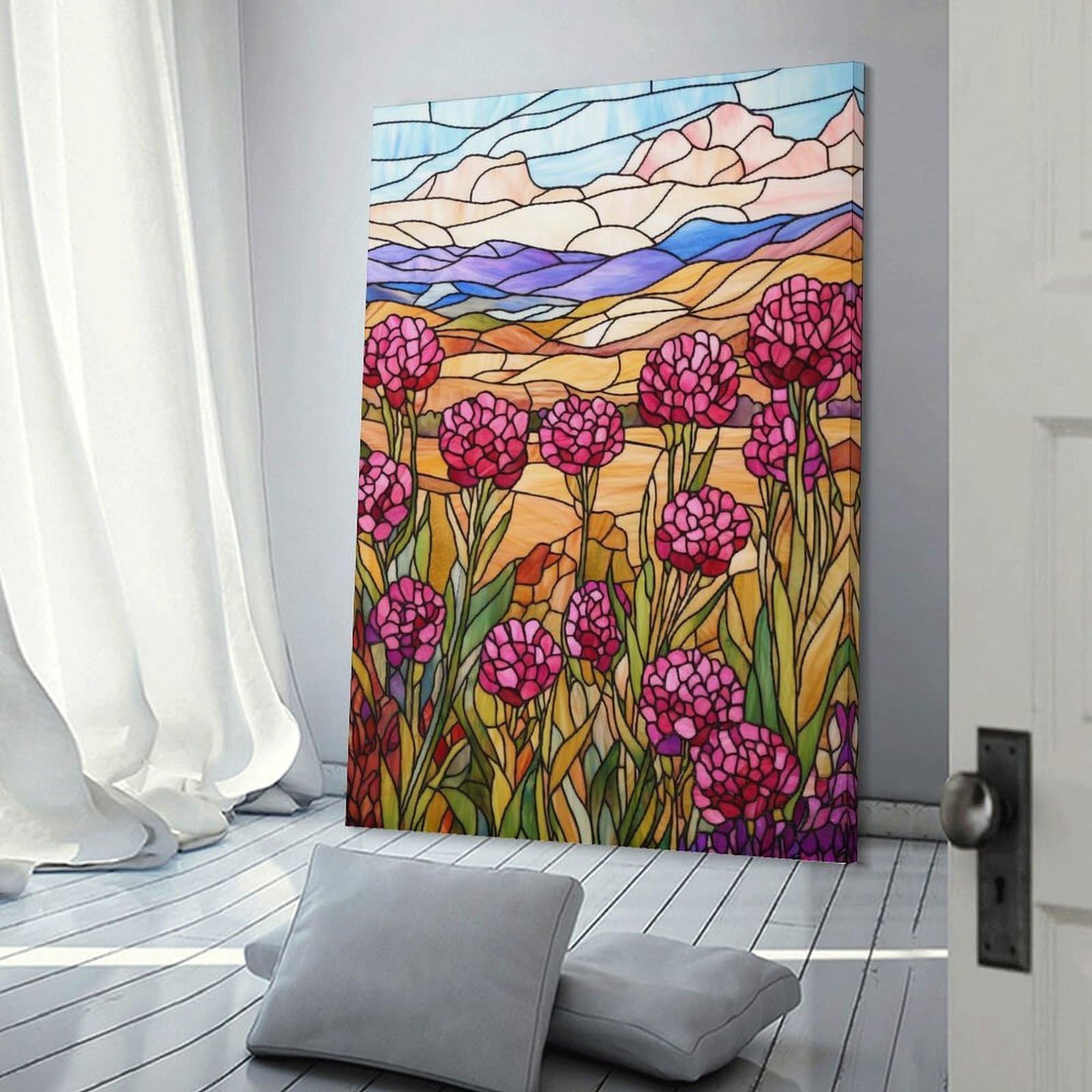 Junmoney Stained Glass Mountain Meadow Wall Picture Print 24x36inch(60x90cm), for Bedroom Decor, Cosy Corners Or Studios, Home Artwork with A Soft Interior Feel