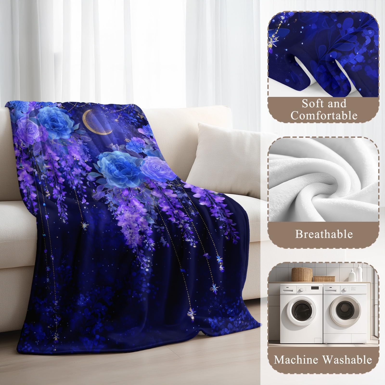 Przytulny koc 180 x 200 cm – przytulny koc do mieszkania, fantazyjny, romantyczny koc polarowy, miękki i ciepły, gwiaździste niebo, kwiaty, koc do mieszkania, flanelowy, puszysty koc