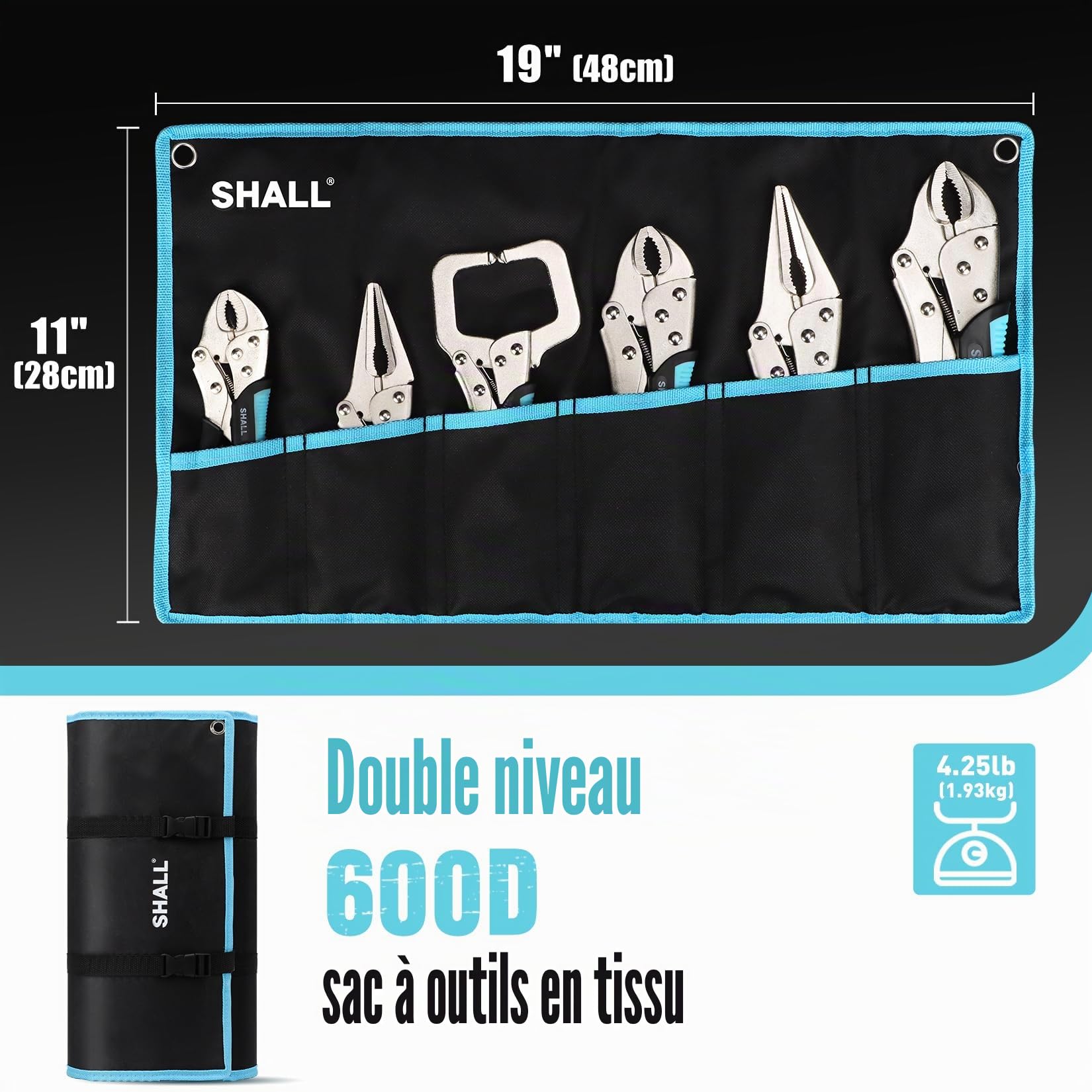 SHALL Lot de 6 pinces de verrouillage, pinces à étau à mâchoire incurvée de 12,7 cm, 17,8 cm et 25,4 cm, pince de verrouillage à long bec de 15,2 cm, poignée TPR bicolore, pochette enroulable incluse