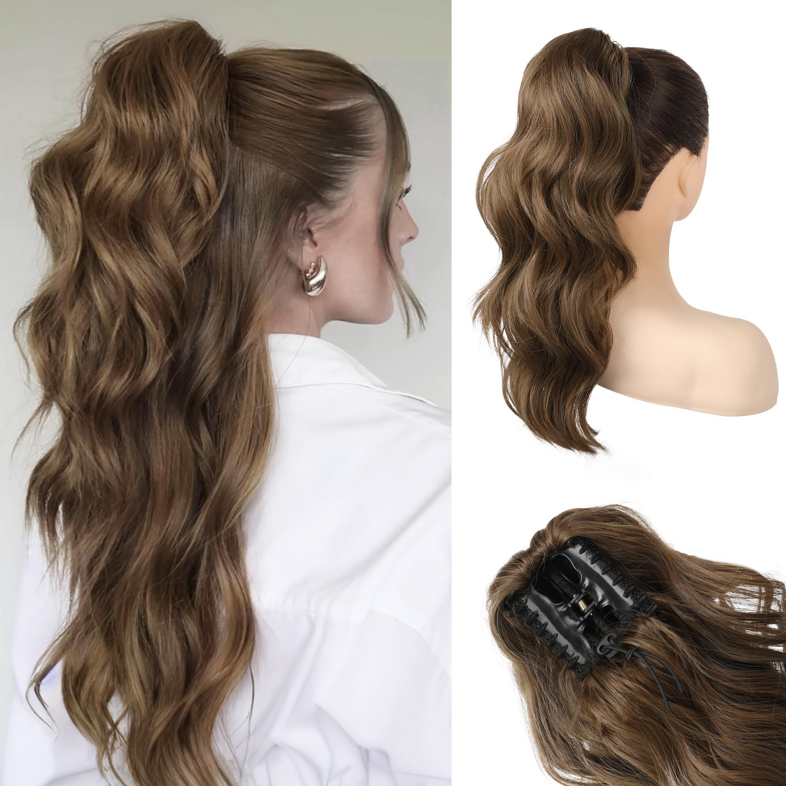 HOOJIH Clip in Ponytail Extension, Ponytail Extension 18 Inch Hair Ponytail Extension Wavy Ponytail Fluffy Soft Clip on Ponytail Synthetic Fiber