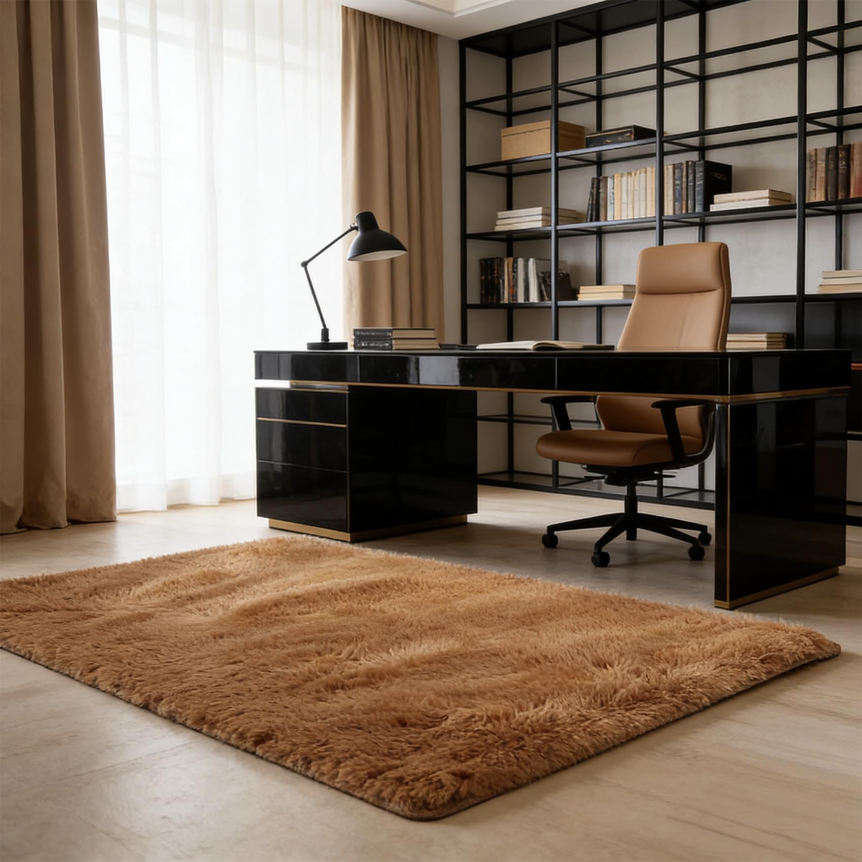 Tapis salon poils longs marron résistant aux glissements pour sols glissants
