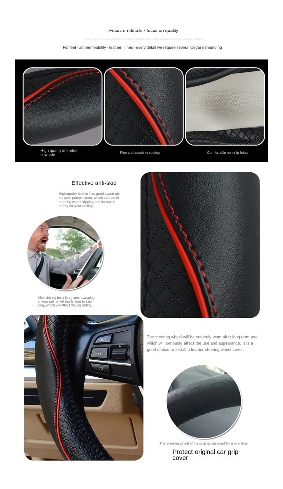 BIZZOO Funda Volante Funda Volante Cuero En Relieve para Accesorios Interior Automóvil Funda Protección Mango Universal Cuero Genuino 38CM Cubierta Volante (Color : Black and Blue)