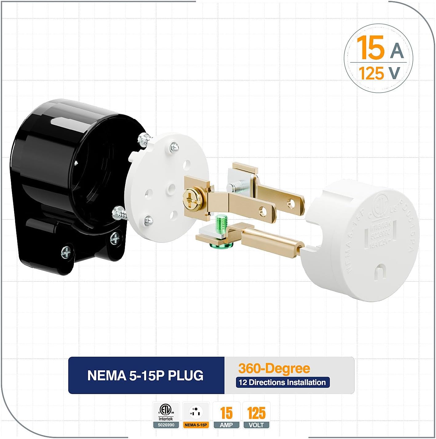 ETL Listed 90 Degree USA Canada 3 Pole Right Angle Nema 5-15P AC Plug, 15A 125V