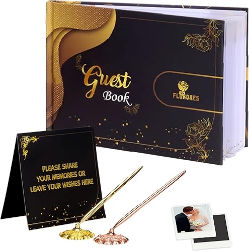FLORONES Libro de invitados de boda con 2 impresionantes bolígrafos de metal y calcomanías adhesivas, tapa dura de 9 x 7 pulgadas, 100 páginas50