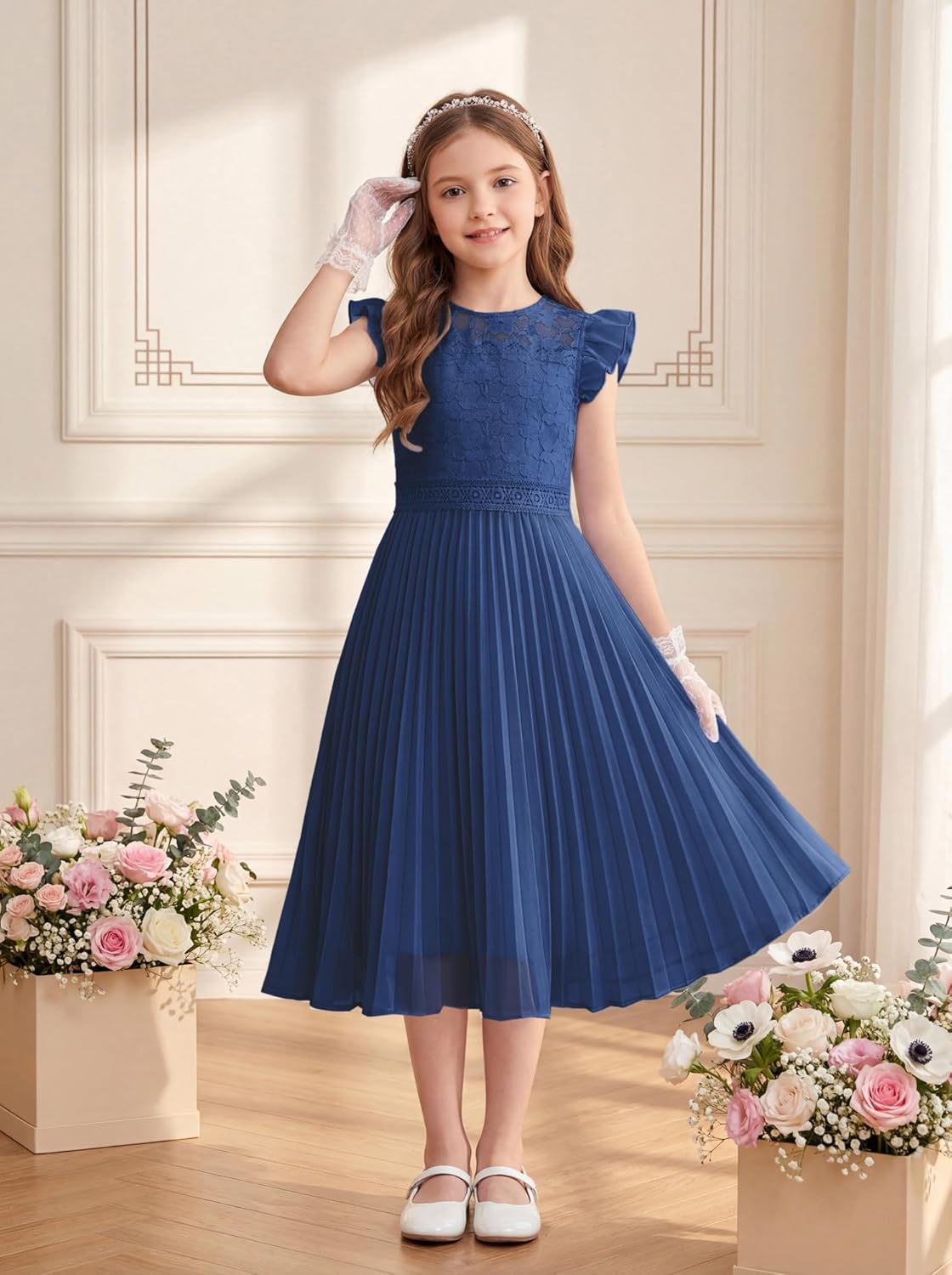 GRACE KARIN Teen Girls Wedding Guest Dresses Junior Bridesmaid Party Graduation Lace Pleated Flower Girl Dress Size 7-14
