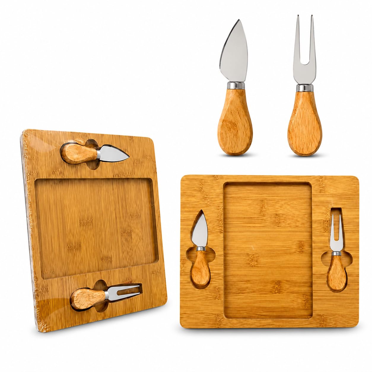 Kit Tábua para Queijos em MDF com Utensílios Inox, 3 Peças, 24x29 cm, Madeira Natural,