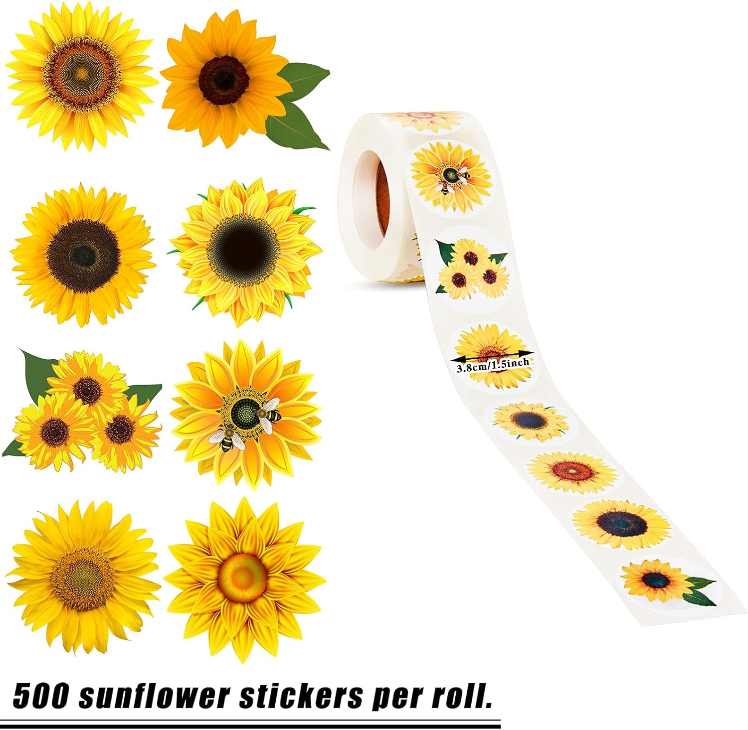 Sunflower Stickers 1.5 Inch Labels with 8 Sunflower Patterns Stickers Rolls Self Adhesive for Summer Christmas Thanksgiving Party Decor Scrapbooking Cards Envelopes (500 Pieces)