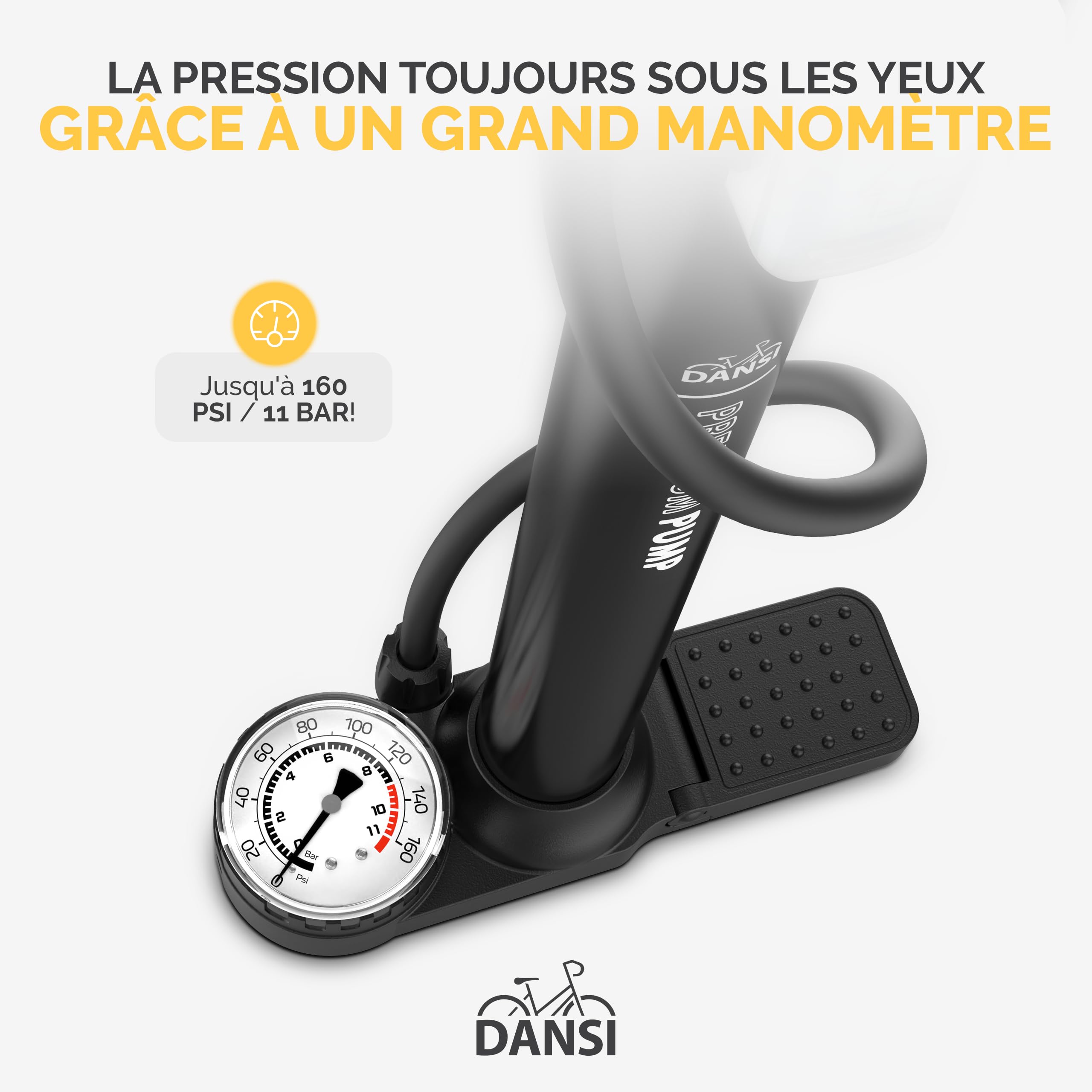 DANSI Pompe à vélo à Pied Toutes valves AV, SV, DV avec Grand manomètre