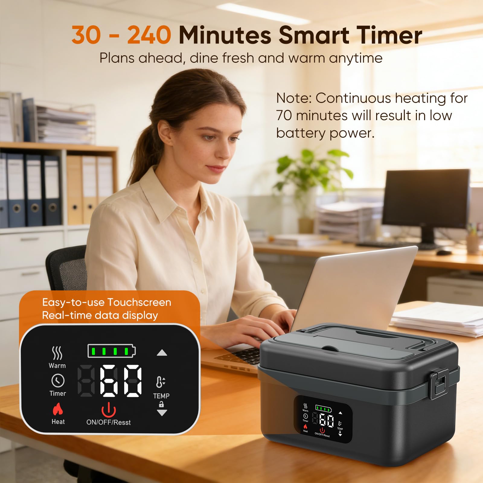 Scaldavivande Elettrico Portatile 1L con Temperatura e Tempo Regolabili, Scaldavivande a Batteria Ricaricabile con Display LED Scaldavivande Portatile con Ufficio Viaggio Esterno（nero grigio）