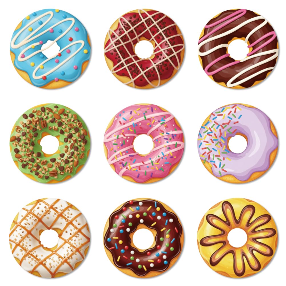 ANATTASOUL Wood Coasters Set of 9 for Drinks Doughnuts Pattern Colorful Wooden Cup Mat for Coffee Table Decor, 3.9" Non-Slip Desk Coasters for Home, Apartment, Office, Bar Gifts