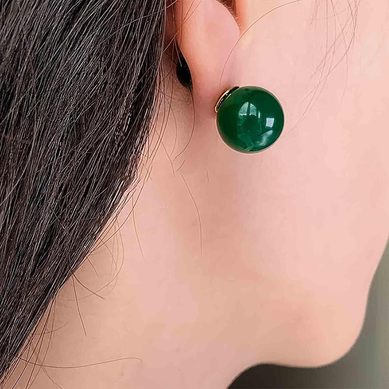 Boho Green Ball Stud Ball Ear Jacket Double Side Bead Earrings Green Gemstone Earrings Glass Beaded Front Back Jewelry for Women