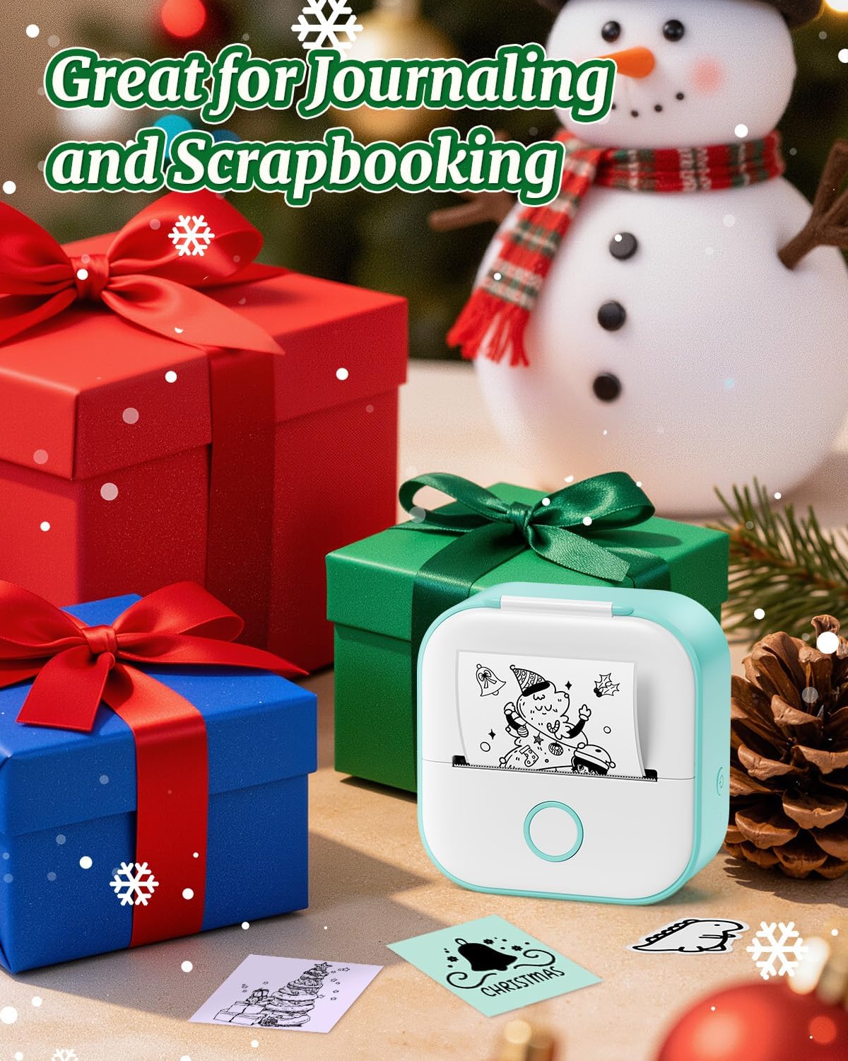 Memoqueen Mini Sticker Printer T02 Print Pods Mini Printer, Portable Thermal Printer, Kids Gift for Chirstmas, Journal, Memo, DIY Scrapbook, Travel, Compatible with iOS & Android, Green