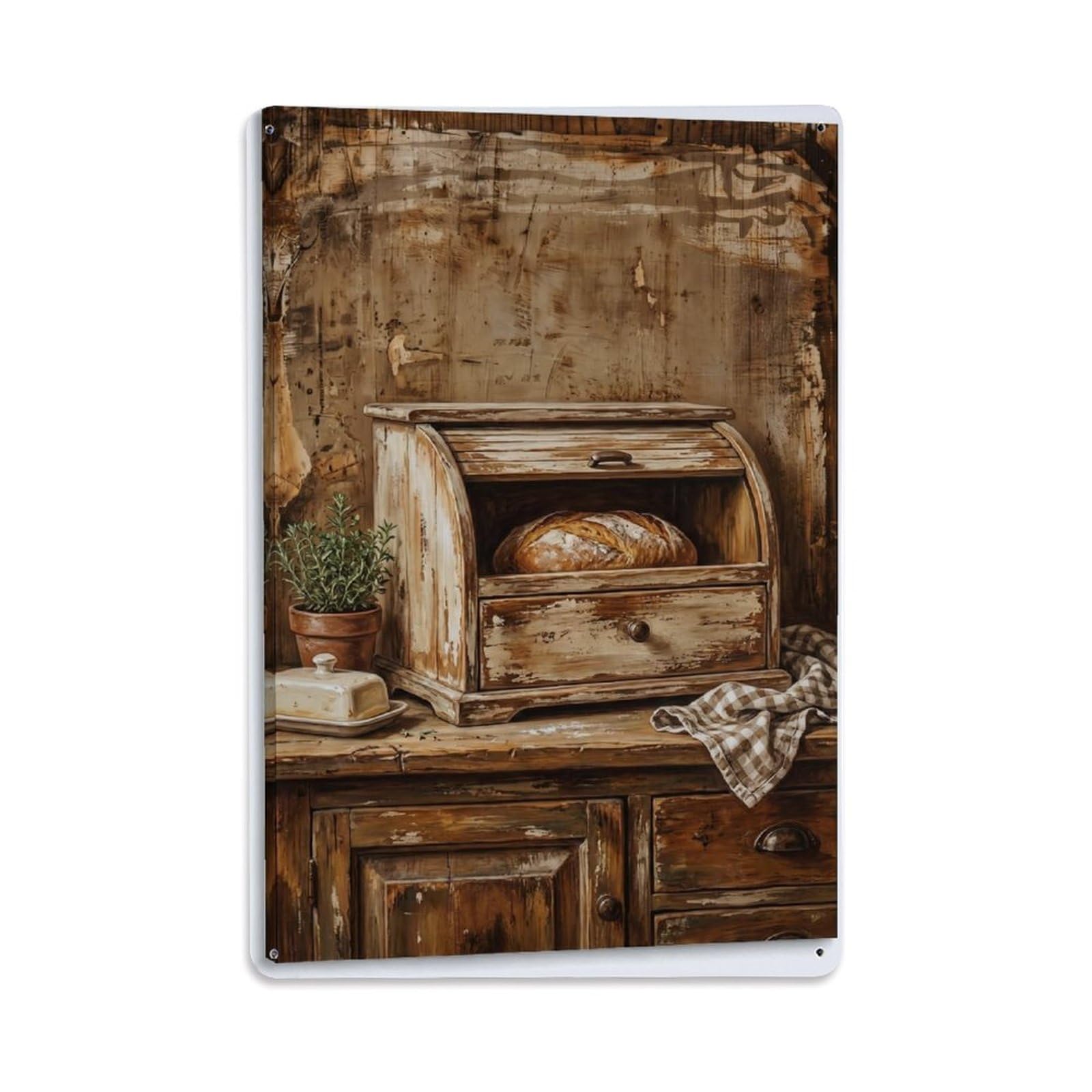 Country Kitchen Bread Box Storage Countryside Home Metal Tin Sign Plaque Wall Decor for Cafe, Club Bar, Office, Home Garden Metal Poster 8x12Inch