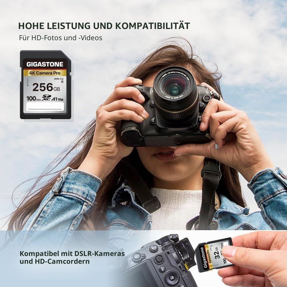 GIGASTONE 256GB SDXC Speicherkarte, 4K Kamera Pro, bis zu 100 MB/S, Digitalkameras Canon Sony Nikon Olympus, A1 UHS-I U3 V30 Klasse 10, 4K UHD Videoaufnahmen