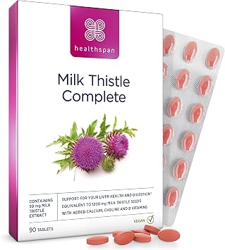 Healthspan Milk Thistle Liver Support 90 Tablets | 80% Silymarin Content | 50mg Milk Thistle Extract | with B Vitamins, Calcium & Choline to Support Your Digestive Health & Liver Function | Vegan