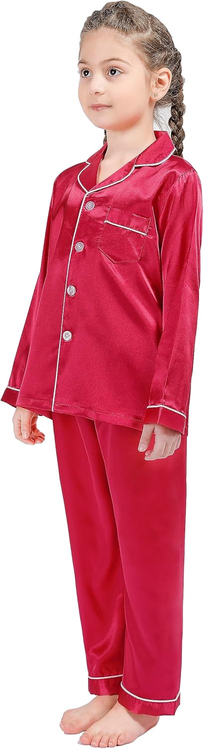 Kid Silky Satin Pajamas Set for Girls Boys pj Set Sleepwear Button-up Lounge Sets Nightwear - Image 5