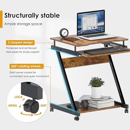 Miniatura 7 de SogesHome Escritorio portátil para computadora portátil de 23.6 pulgadas, mesa de cama, escritorio portátil para computadora con ruedas bloqueables,