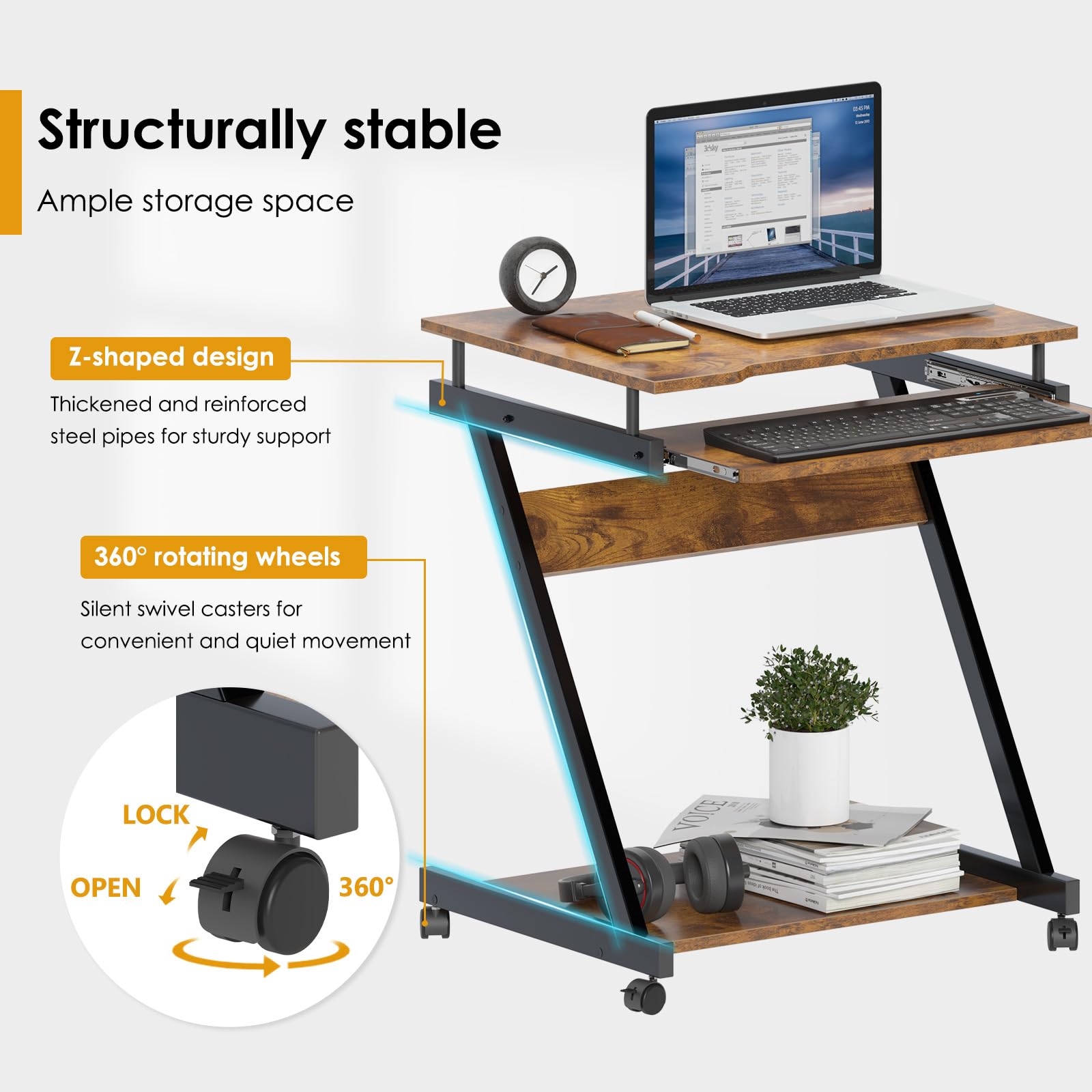 SogesHome Schreibtisch Klein Computertisch mit 4 Rollen 2 Davon mit Bremsen PC-Tisch in Z-Form mit Tastaturauszug für Zuhause und Büro, 60 x 48 cm