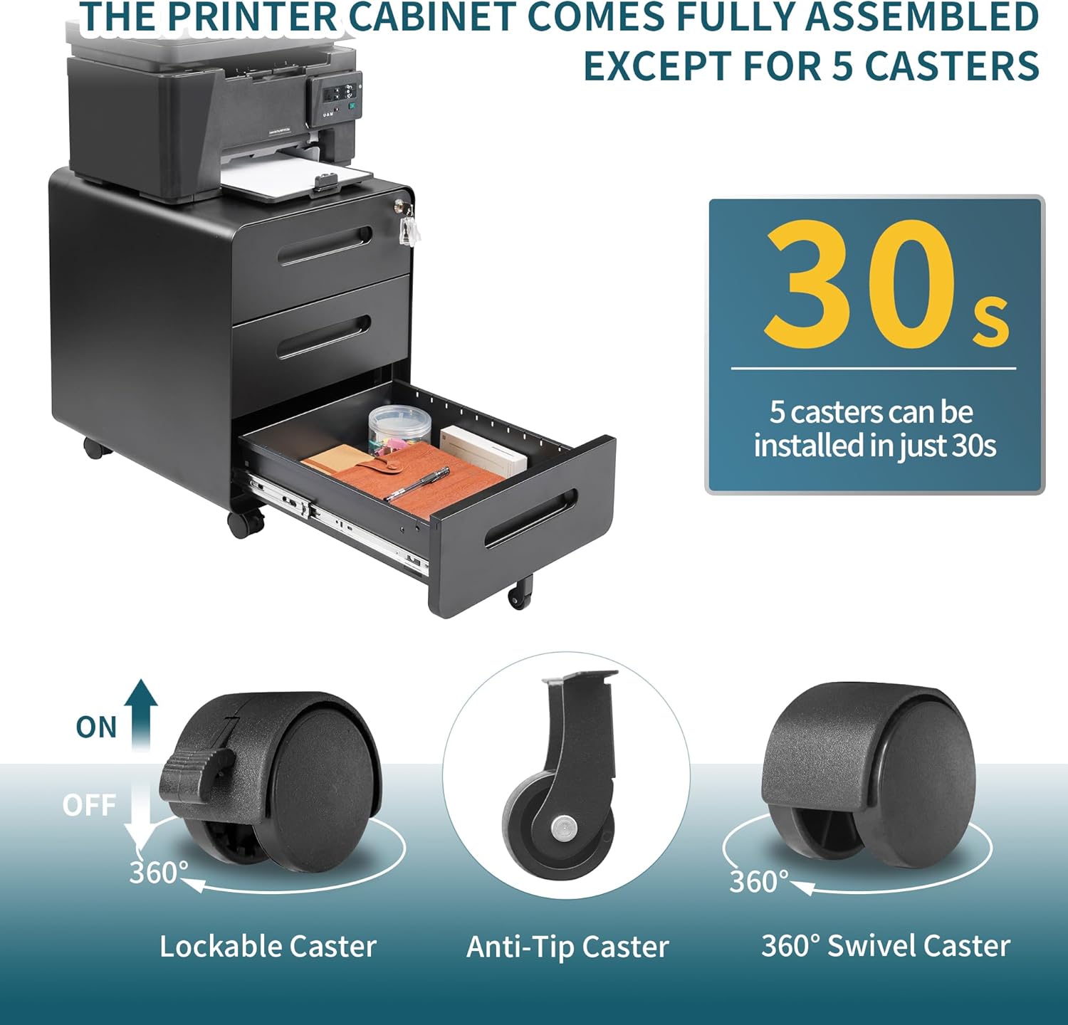3 Drawer Under Desk Printer Stand with Lock, Mobile Rolling Printer Table for Home Office, Fully Pre-Assembled (Wheels Only to Attach), 4 Keys Included, Black