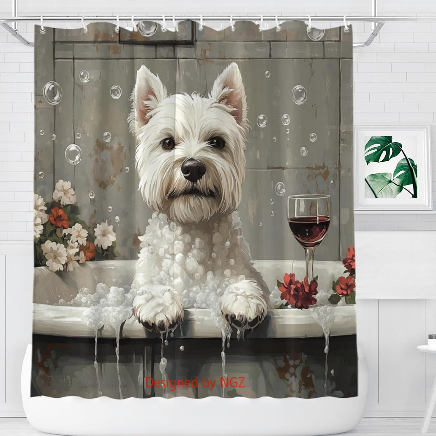 NGZ Funny White Terrier Shower Curtain, SPA White Terrier with Wine, Grey Shower Curtain, 72x72 Inches Floral Shower Curtains for Bathroom, Bath Curtains Set with 12 Hooks