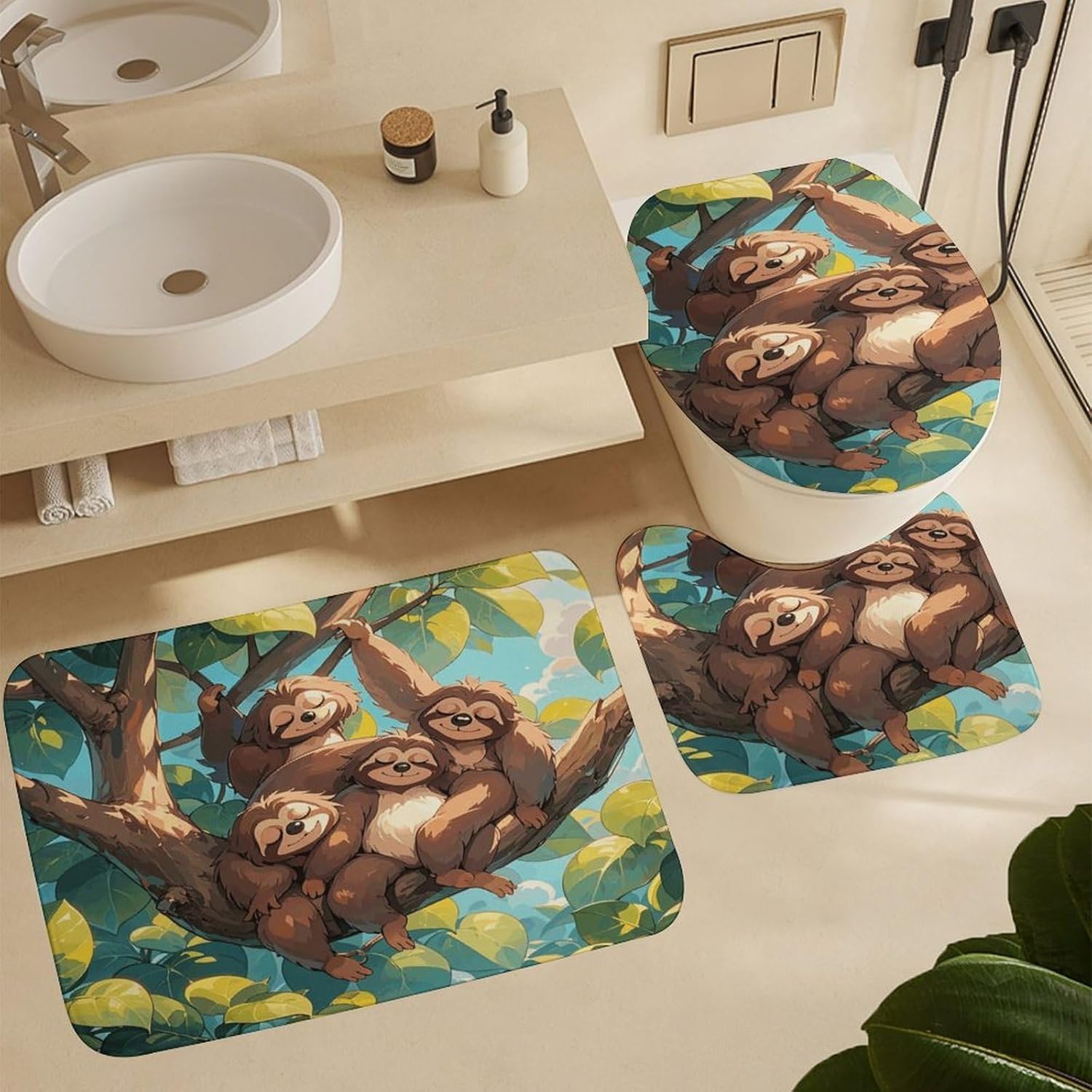 Four Piece Bathroom Set with Toilet Lid Cover and Non-Slip Rugs Minimalist Shower Curtain for Bathroom Set