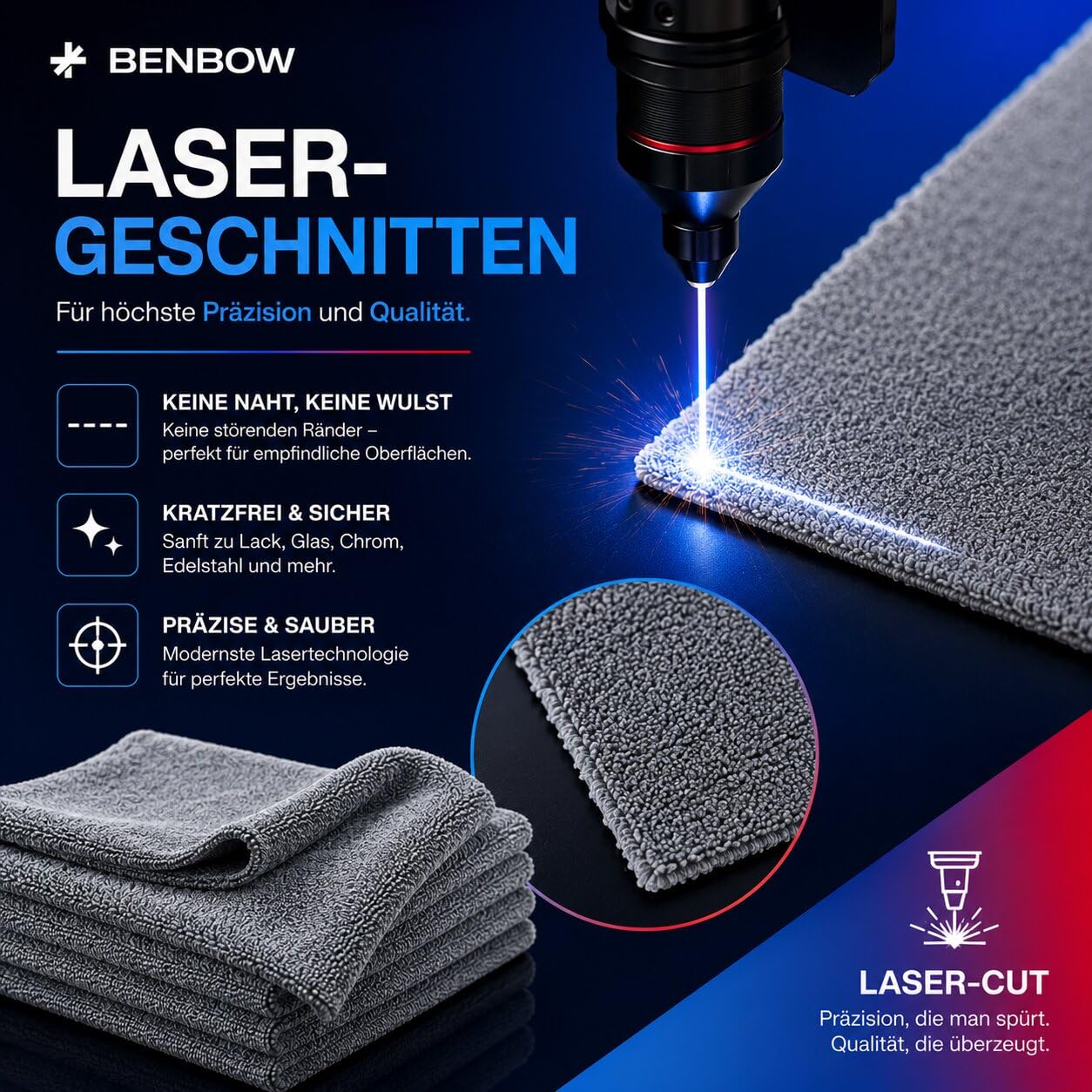 BenBow Mikrofasertücher 200 Stück 40x40 cm 350 GSM – Lasergeschnitten, fusselfrei, saugstark – Auto Poliertuch, Trockentuch, Grau