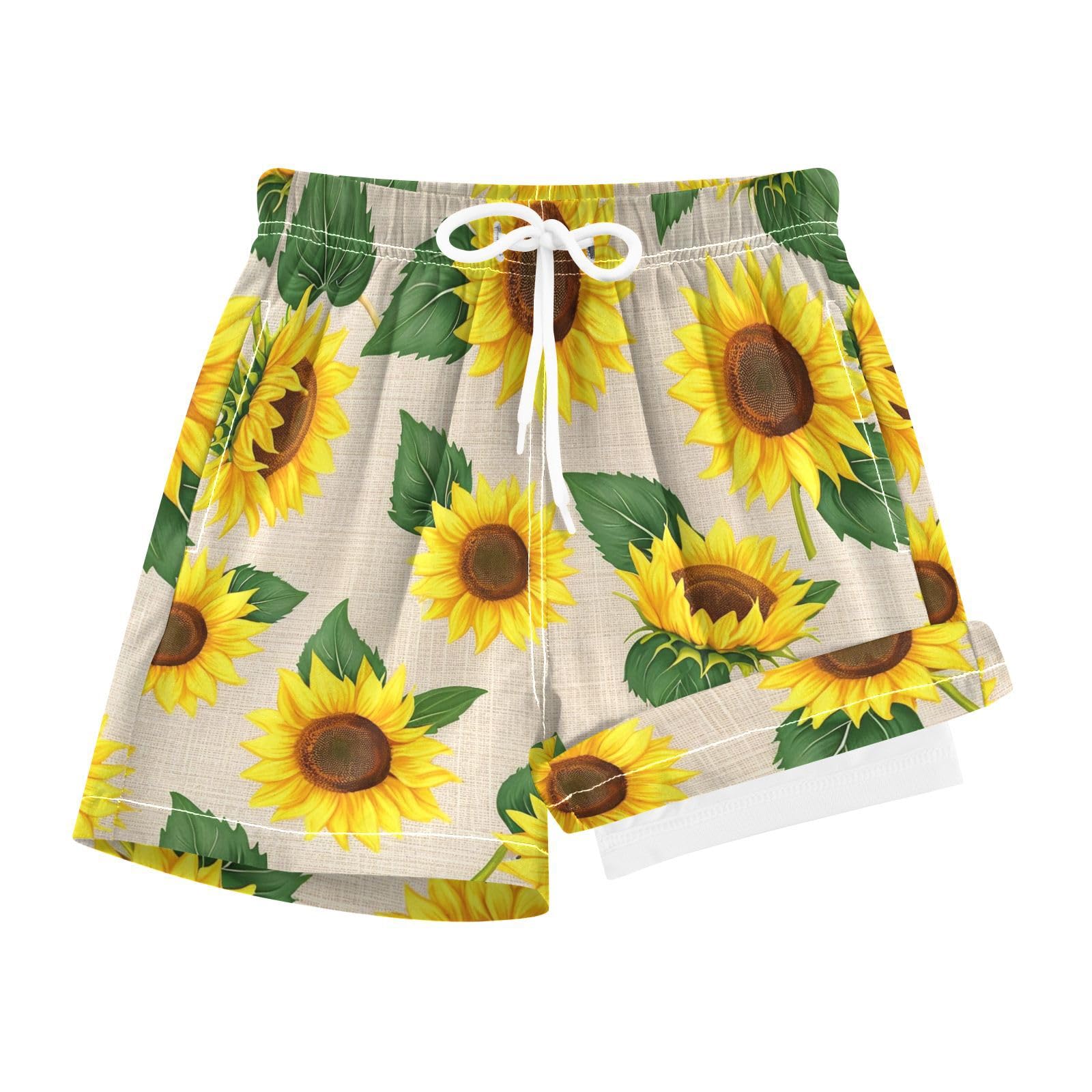 YANENDIE Boy Swim Trunks with Compression Liner Vivid Sunflowers Yellow Boys Swim Shorts Quick Dry Beach Shorts
