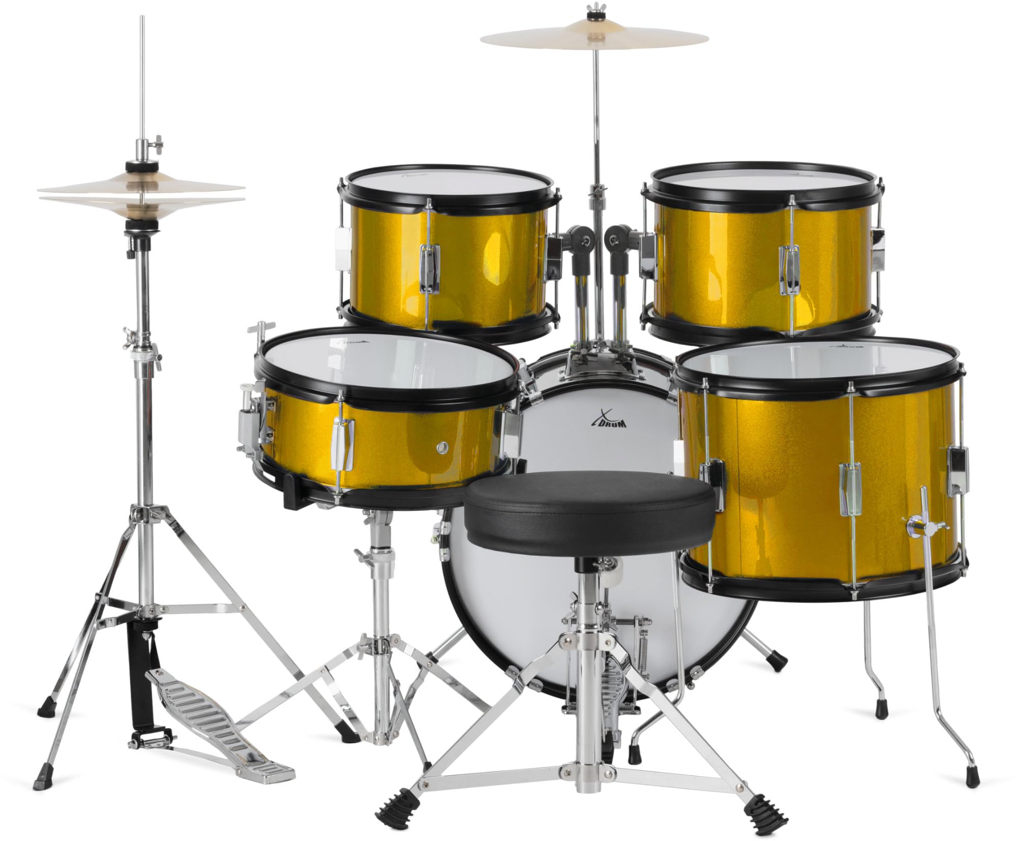 XDrum Junior Pro Kinder Schlagzeug Sunset Gold Sparkle - geeignet von 5-9 Jahren - Drumset mit komplettem Zubehör - inkl. Schule - Orange