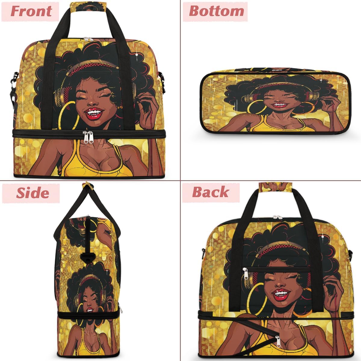 African American Woman Travel Duffel Bag for Women Men, Cool Girls Sports Gym Bag with Shoes Compartment Foldable Overnight Bag Weekender Tote Workout Carry On Luggage Bag