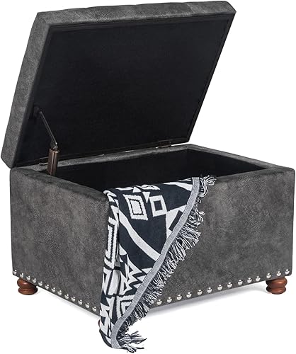 Miniatura 7 de Taburete otomano de almacenamiento de tela copetudo, rectangular, reposapiés con cabezas de clavos para dormitorio, sala de estar (gris)