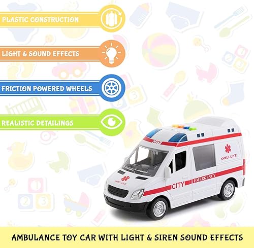 Miniatura 6 de Liberty Imports Ambulance Toy Car with LED Lights & Siren Sound Effects - Friction Powered Wheels Plastic Rescue Vehicle Toy for Kids & Toddlers