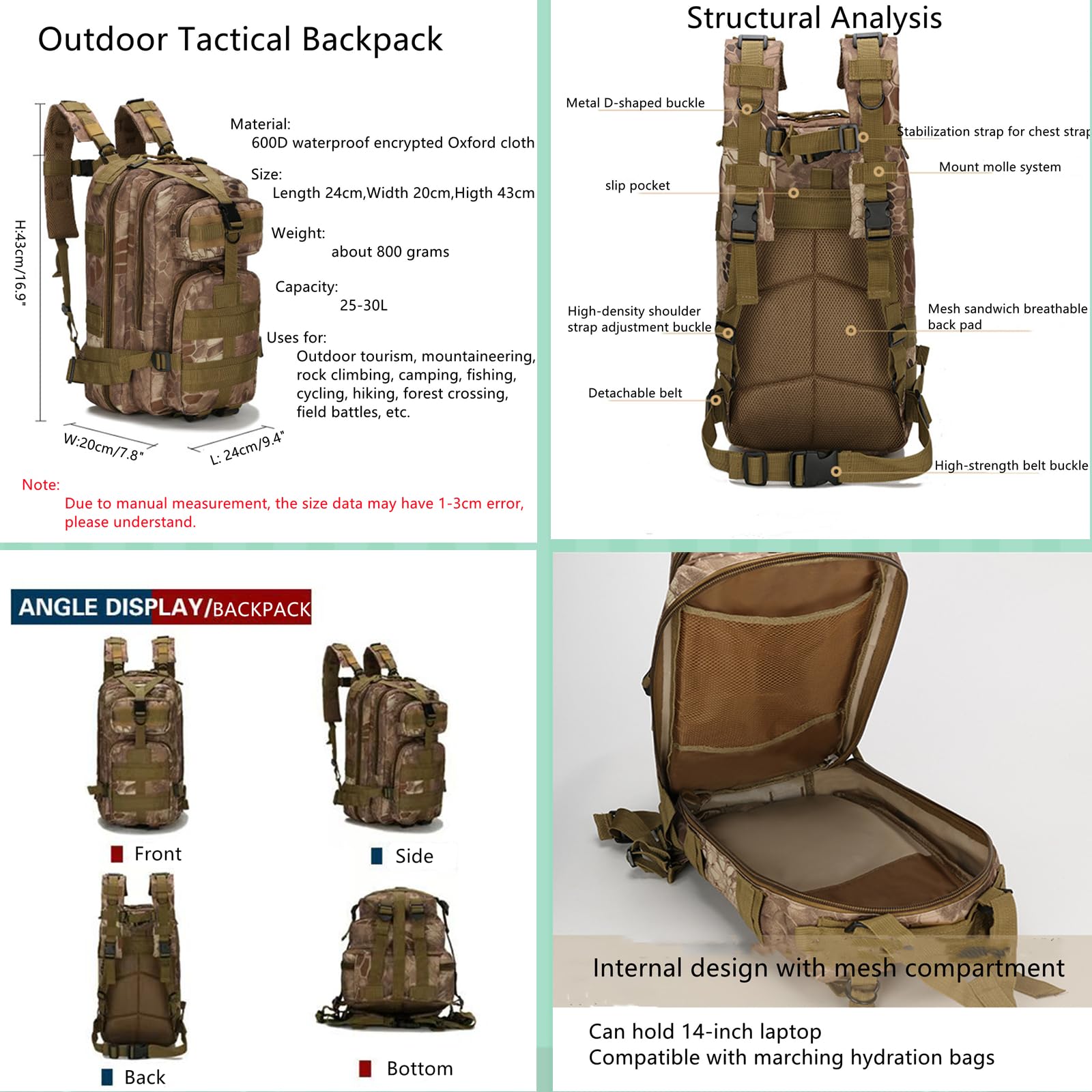 30L Tactical Backpack, Outdoor Military Nylon Rucksack, 3 Day Daypack for Hiking, Hunting, Camping, Gym Bag Pack
