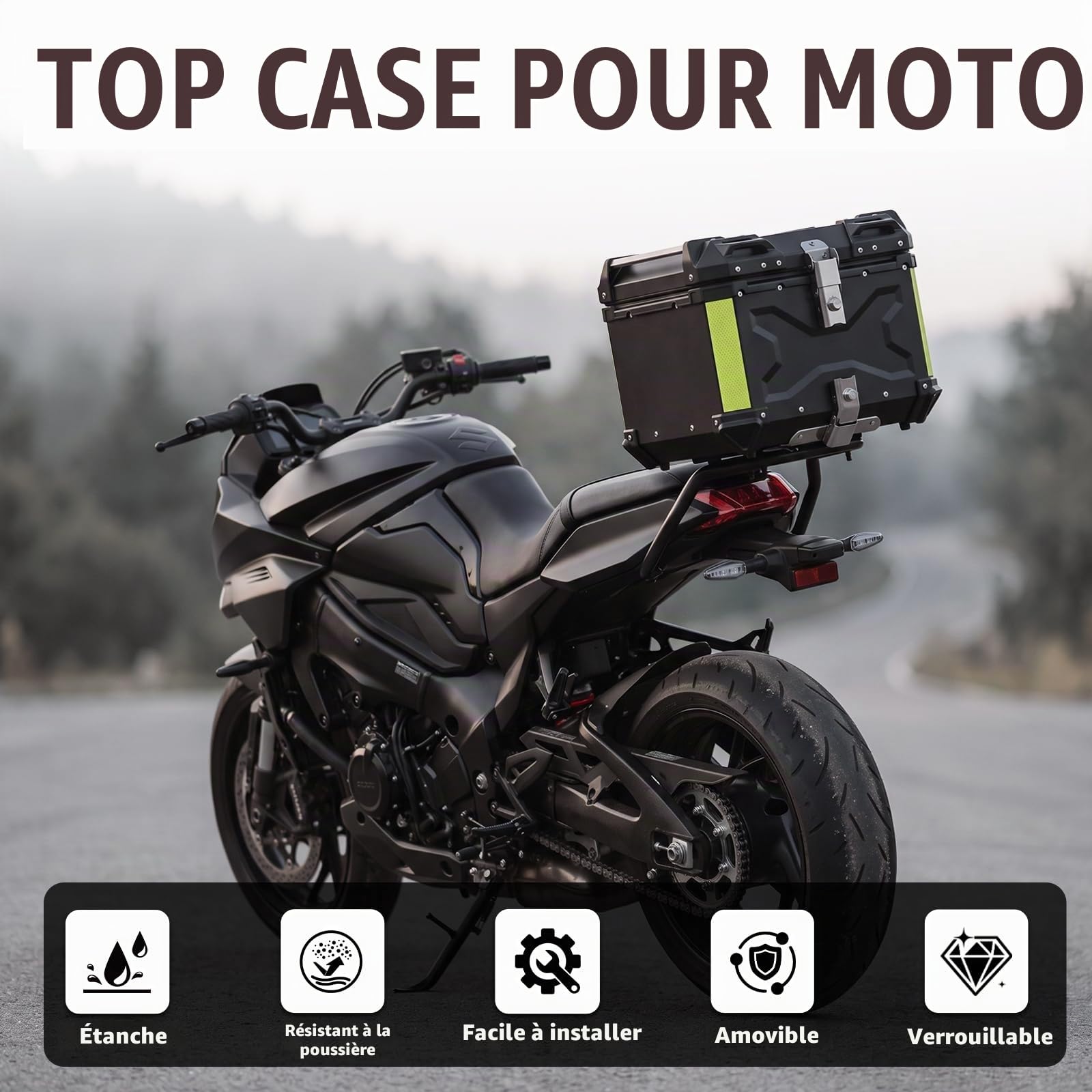 Top Case Universel pour Moto 45L, avec Dossier et Serrure de Sécurité, Coffre de Rangement pour Casque de Moto Étanche, Aluminium，Support de Fixation Universel (Noir)