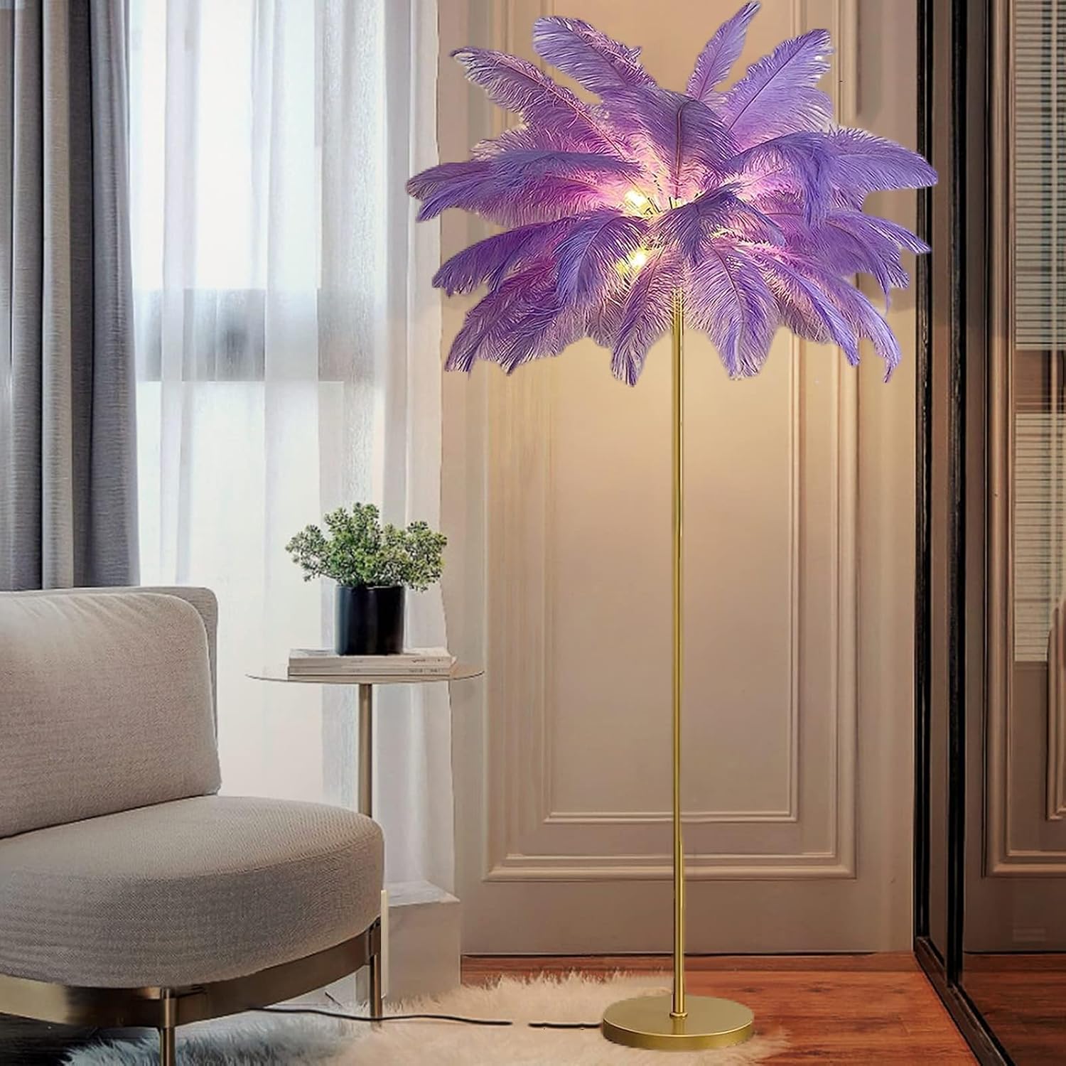 Feather Floor Lamp for Living Room, 63" Natural Ostrich Feather Standing Lamp with Foot Switch, Dimmable (Purple)
