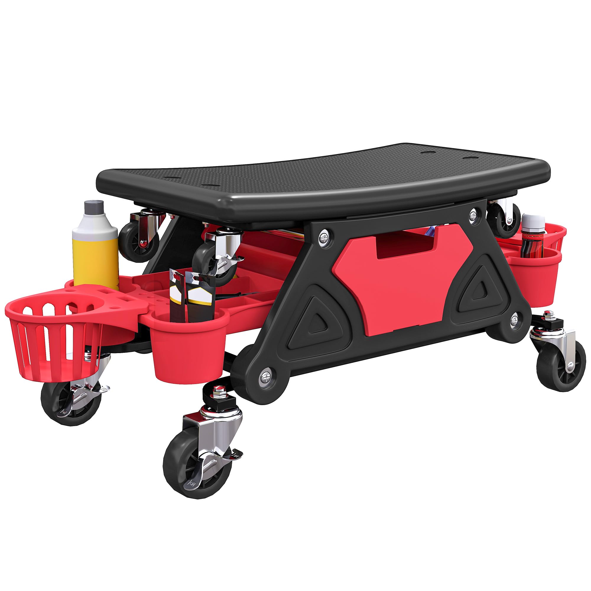 HOMCOM Mechanic Stool - Red - 135kg Capacity - Rolling Workshop Seat with Storage Trays