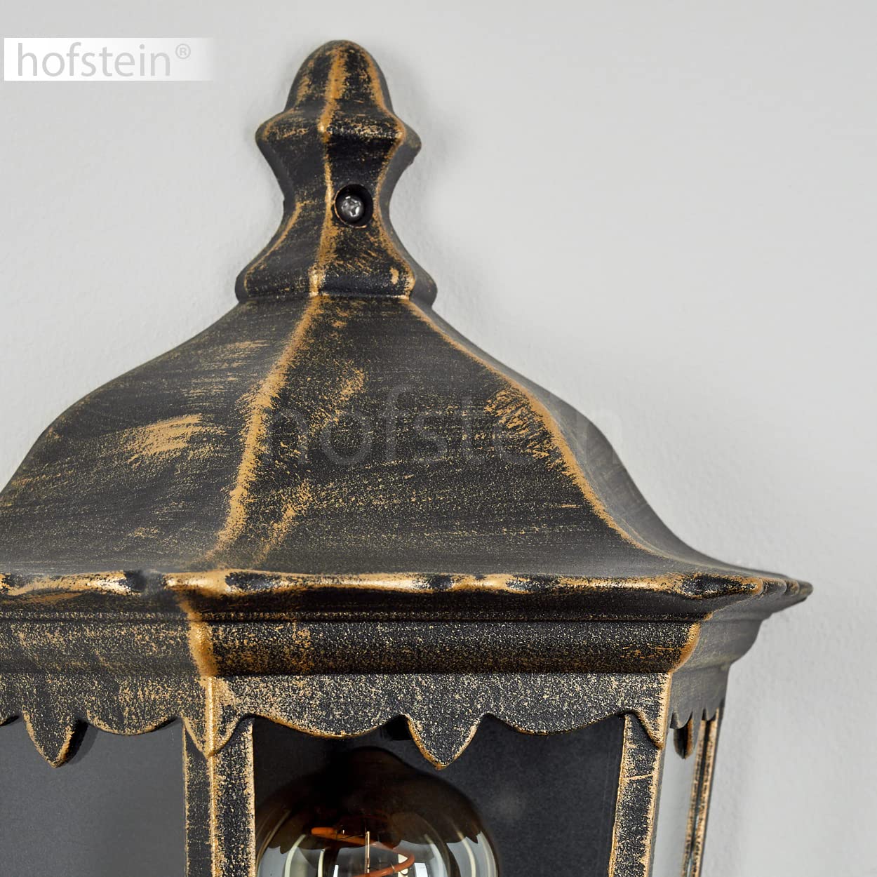 HOFSTEIN Außenwandleuchte Hongkong, Außenwandlampe mit Bewegungsmelder aus Metall/Glas in Braun-Gold/Klar, Wandleuchte Up im Retro/Vintage-Design, E27, IP44, Eingangsbereich, Terrasse, Haustür, Hof