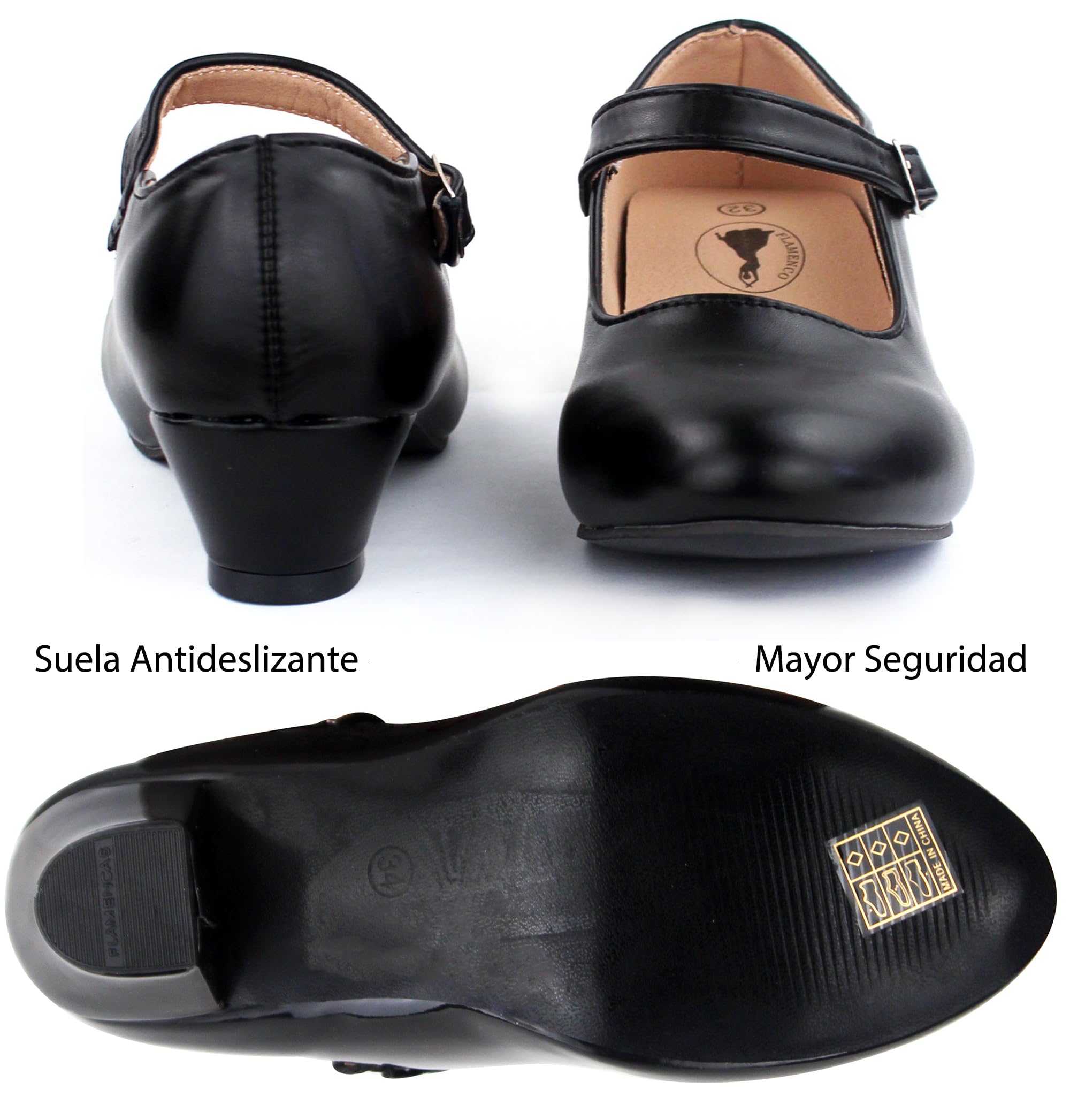 Zapatos Flamenco Niña Baile Danza Sevillanas con Tacón Correa Ajustable, Suela Antideslizante