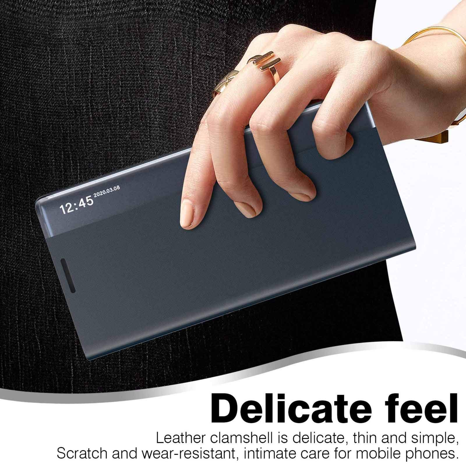 Etui LEYAN do Samsung Galaxy S21 5G, Premium skórzane etui z klapką z przezroczystym okienkiem, etui z klapką Smart View ze składanym uchwytem, granatowe