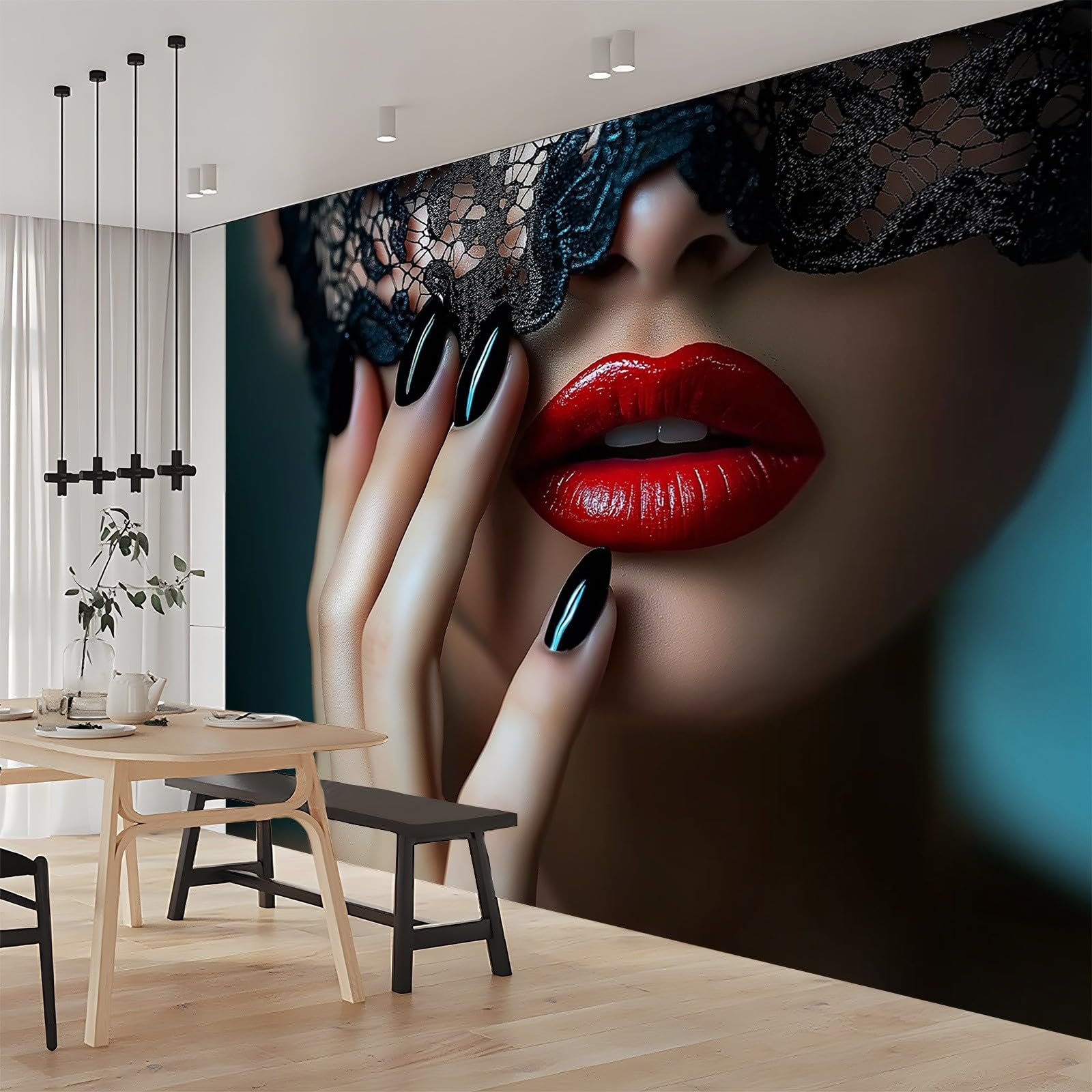 Stile Di Moda Labbra Unghie Carta Da Parati 300 X 210 Cm Nero Pizzo 3D Fotomurale – Poster Gigante Da Parete Per Camera Da Letto, Soggiorno, Hotel O Corridoio – Decorazione Murale Moderna Di Lusso
