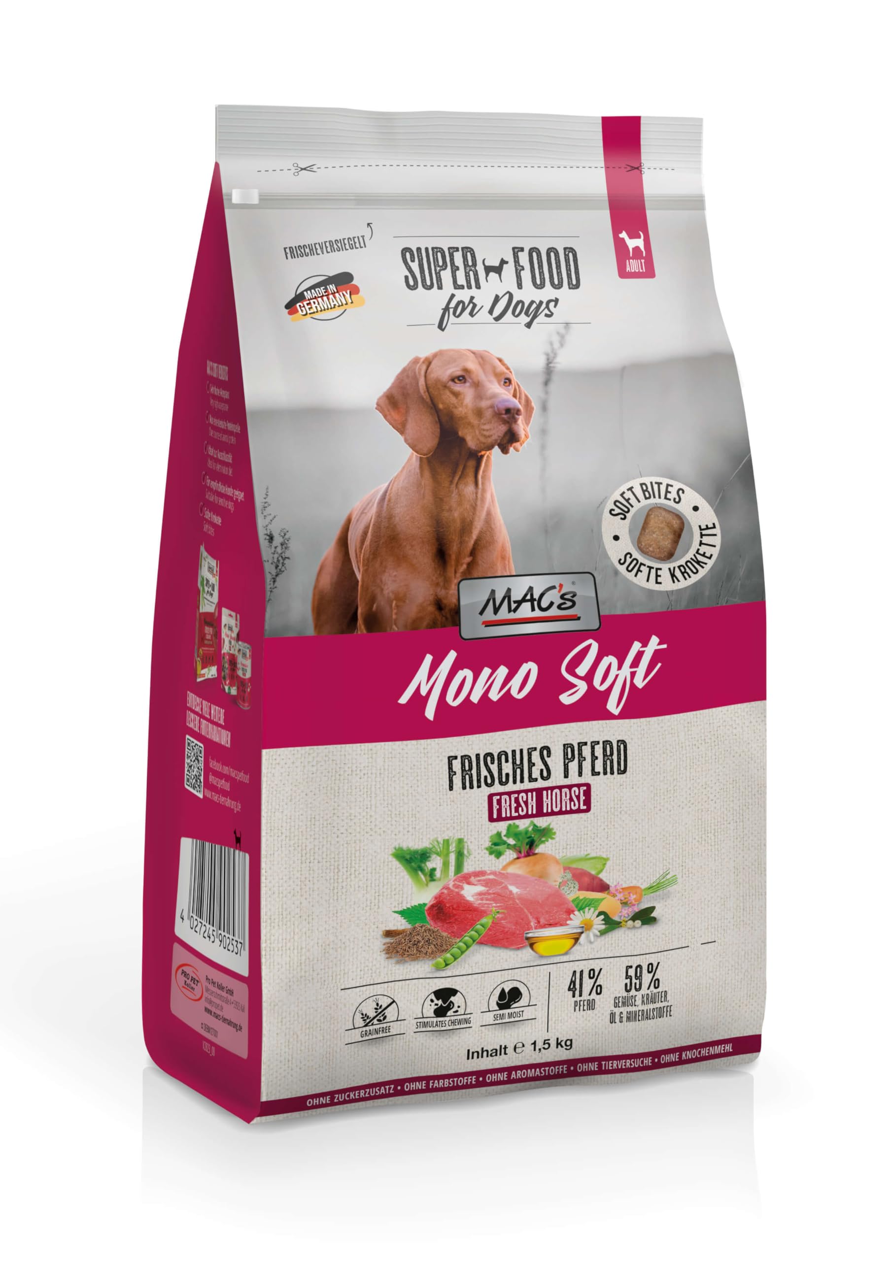 Mac's Halbfeuchtes Hundefutter, weiche Textur, hoher Fleischgehalt,  verschiedene Geschmacksrichtungen, 1,5 kg, Pferd : Amazon.de: Haustier