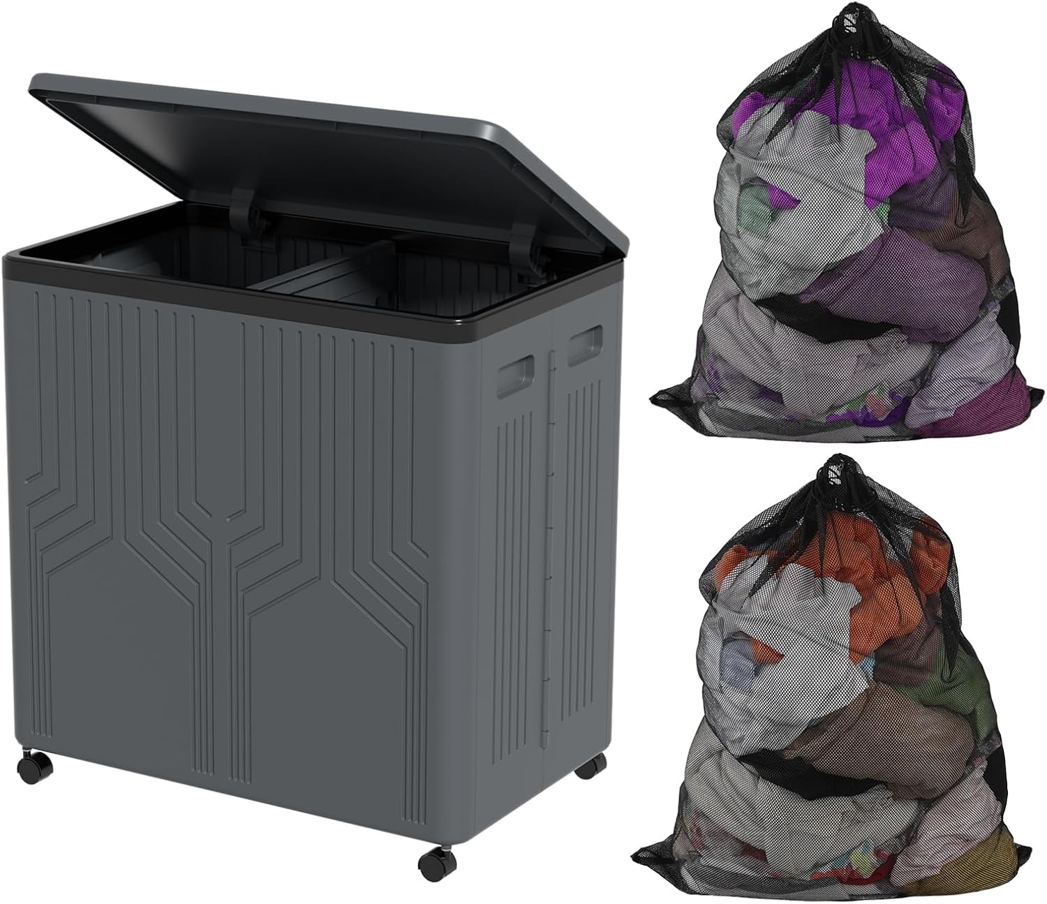 120 L Foldable Plastic Double Laundry Hamper with Wheels and Removable Laundry Bags, Gray, 1 Pack