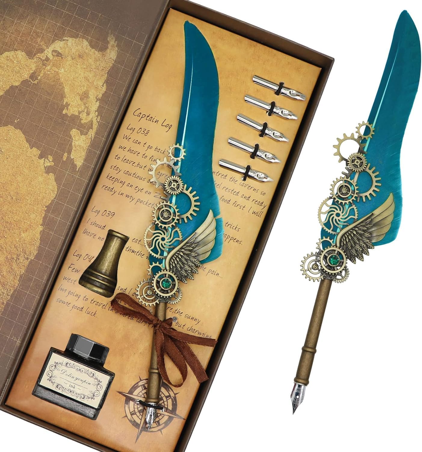 SPITEN Antique Quill Pen Calligraphy Set: Elegant Writing and Drawing Kit for Signature, Wedding, and Retro Décor - Includes Ink Dip, Replacement Nibs - Perfect Birthday or Wedding Gift (1)
