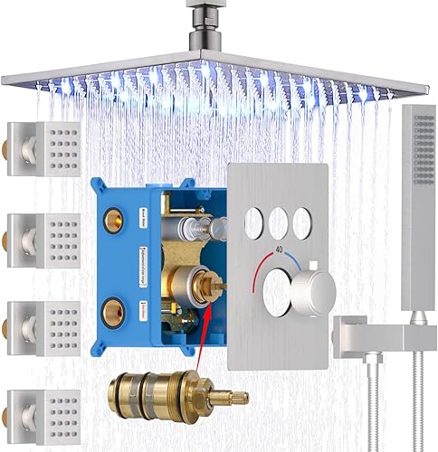 Enga Sistema de chorros de ducha termostáticos (puede utilizar todas las funciones a la vez), cabezal de ducha LED de lluvia de 12 pulgadas montado